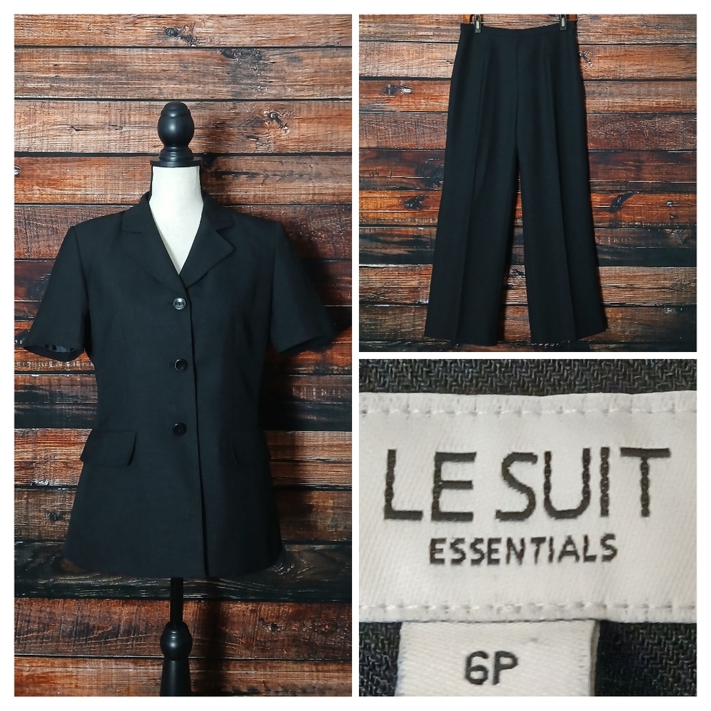 Le Suit Essentials Pants Suit 6 Petite 2 Piece Black Short Sleeve Lined